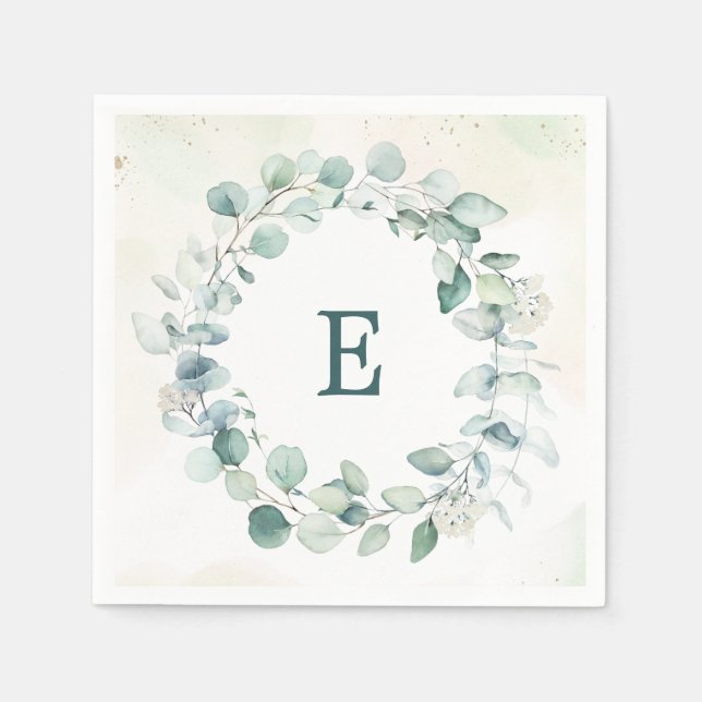 Eucalyptus Greenery Wreath Monogram Wedding Napkin (Front)