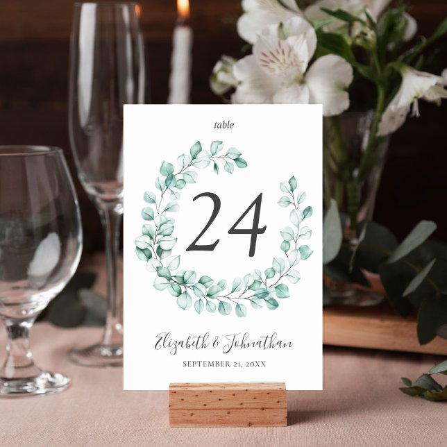 Eucalyptus Greenery Wreath Watercolor Wedding Table Number (Eucalyptus watercolor greenery boho design table number card is perfect for your wedding reception.)