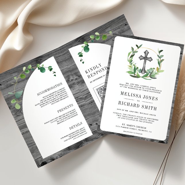 Eucalyptus Grey Wood Cross Catholic Wedding Invitation (Creator Uploaded)
