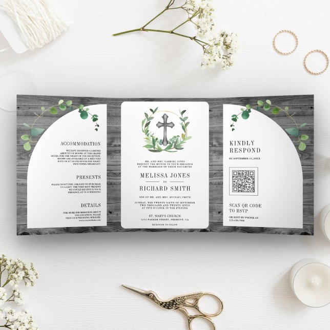 Eucalyptus Grey Wood Cross Catholic Wedding Tri-Fold Invitation (Creator Uploaded)