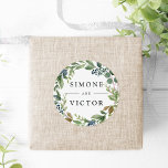 Eucalyptus Grove | Botanical Wreath Wedding<br><div class="desc">Seal your invitation envelopes or favours with these elegant botanical wedding stickers featuring your names framed by a watercolor wreath of green eucalyptus foliage,  leaves and tiny navy blue buds on a white background. Coordinates with our Eucalyptus Grove wedding collection.</div>