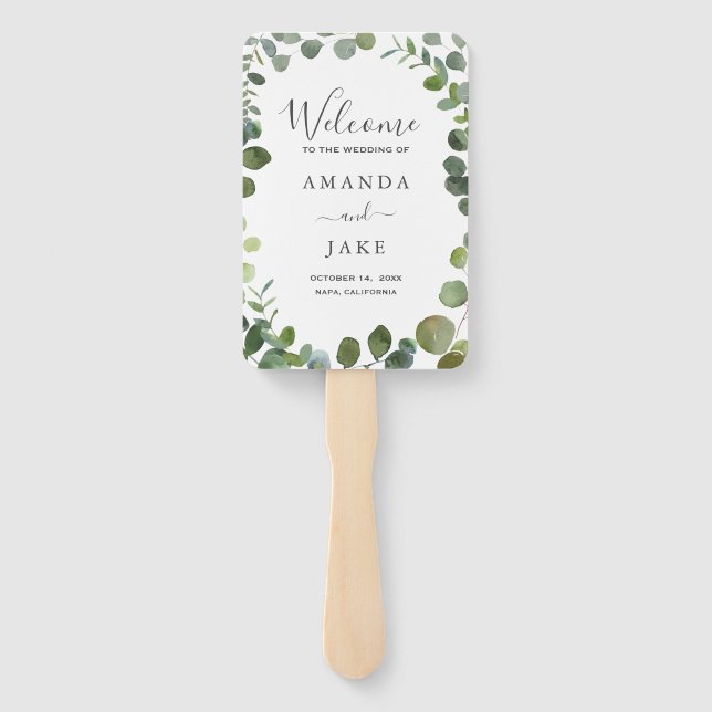 Eucalyptus Grove Greenery Wedding Welcome Hand Fan (Back)