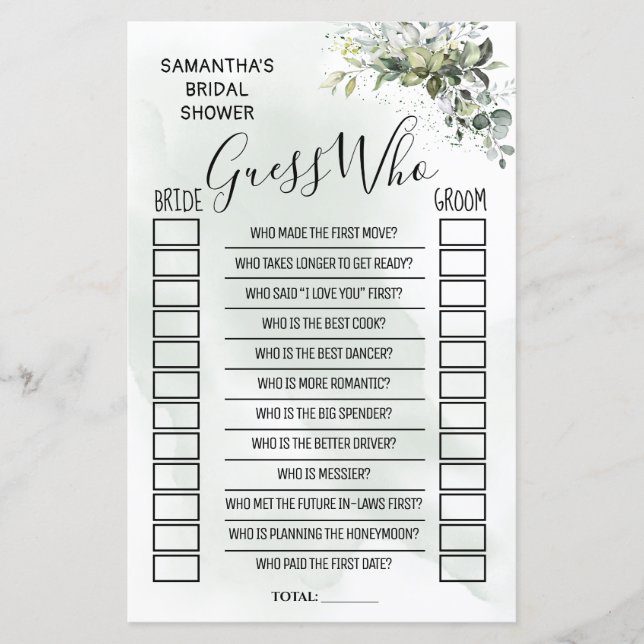 Eucalyptus Guess who bridal shower bilingual game (Front)