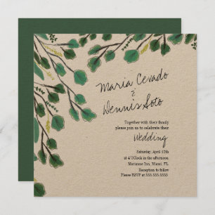 Eucalyptus Hand Drawn Leaf Script Wedding Kraft Invitation