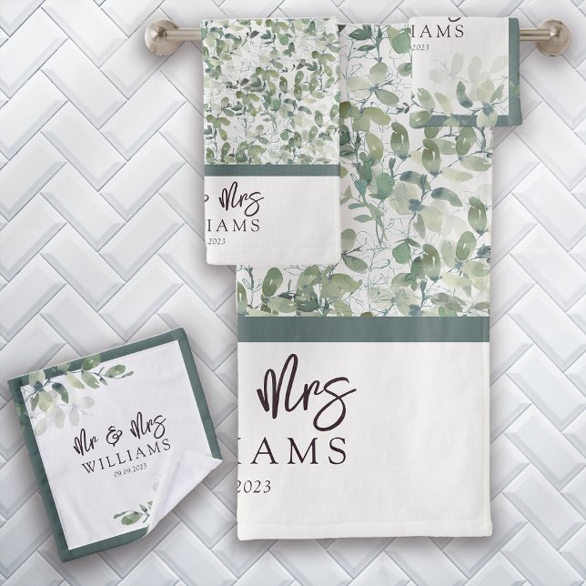 Eucalyptus Hand Lettered Mr & Mrs Monogram Bath Towel Set (Creator Uploaded)