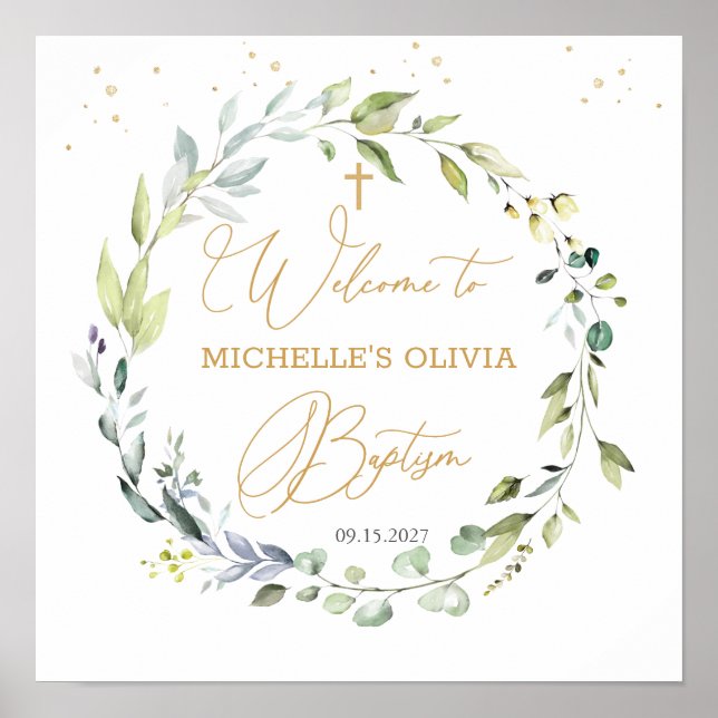 Eucalyptus Herbal Cross Baby Baptism Poster (Front)