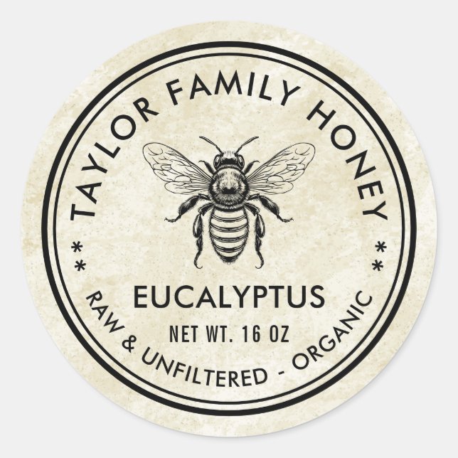 Eucalyptus honey label with vintage honey bee (Front)