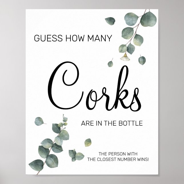 Eucalyptus How many Corks bridal shower game sign (Front)