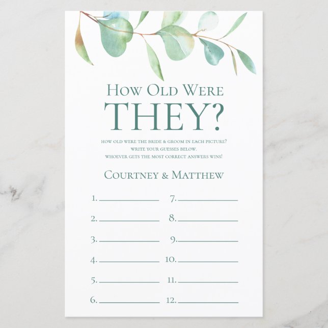 Eucalyptus How Old Were They Bridal Shower Game (Front)