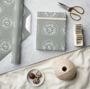 Eucalyptus Initial Name Happy 21st Birthday Sage Wrapping Paper