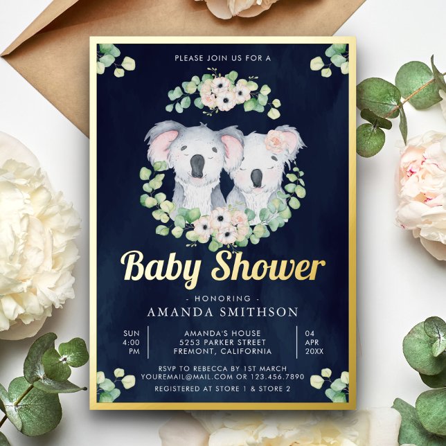 Eucalyptus Koala Bear Twins Navy Baby Shower Gold (Creator Uploaded)
