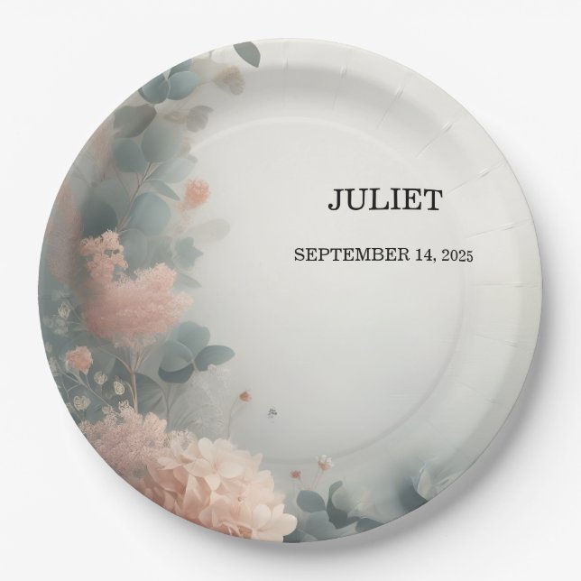 Eucalyptus Lace Tulle Dusty Blue Bridal Shower Paper Plate (Front)