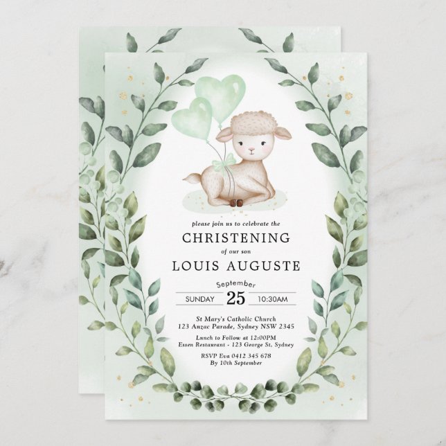 Eucalyptus Lamb Baby Sheep Christening Baptism Invitation (Front/Back)