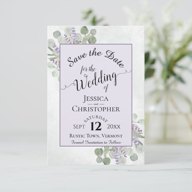 Eucalyptus & Lavender Calligraphy Purple Wedding Save The Date (Standing Front)