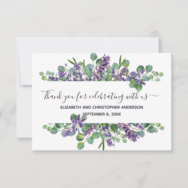 Eucalyptus Lavender Calligraphy Wedding  Thank You Card (Front)