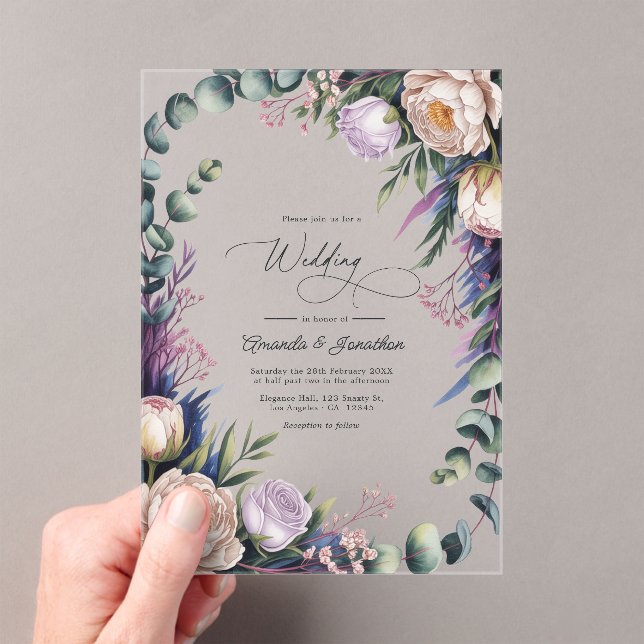 Eucalyptus, Lavender & Champagne Blush Wedding Acrylic Invitations (Insitu (Handheld))