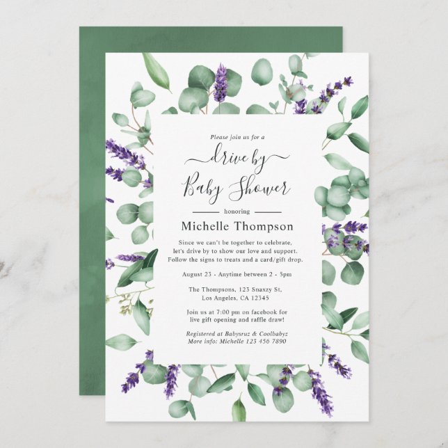 Eucalyptus Lavender Drive By Bridal or Baby Shower Invitation (Front/Back)