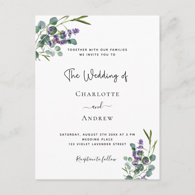 Eucalyptus lavender floral wedding invitation postcard (Front)