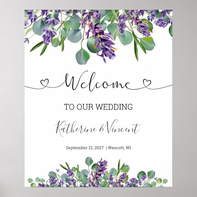 Eucalyptus Lavender Flowers Wedding Welcome Sign (Front)