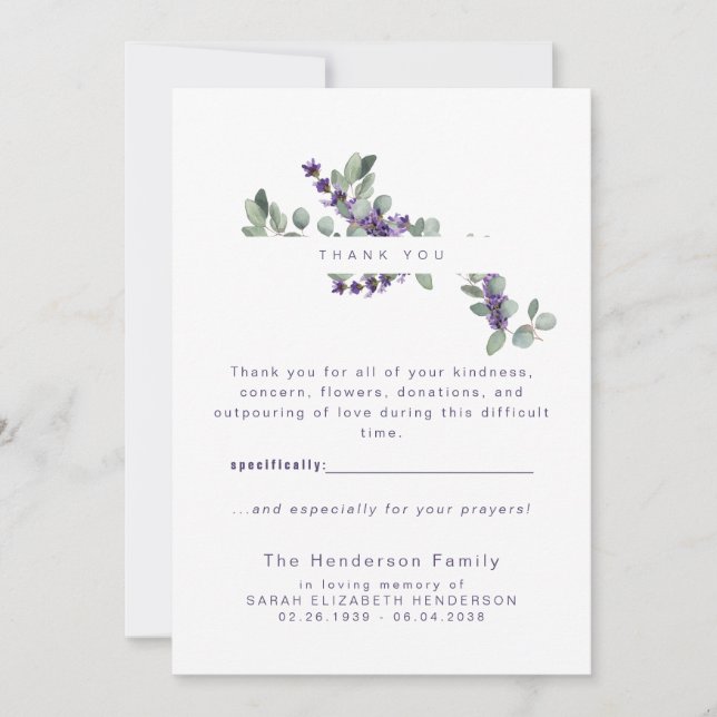 Eucalyptus Lavender Funeral Thank You Card (Front)