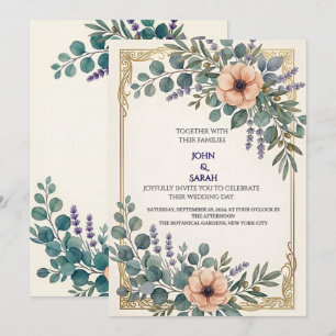 Eucalyptus Lavender Gold Frame Wedding Invitation
