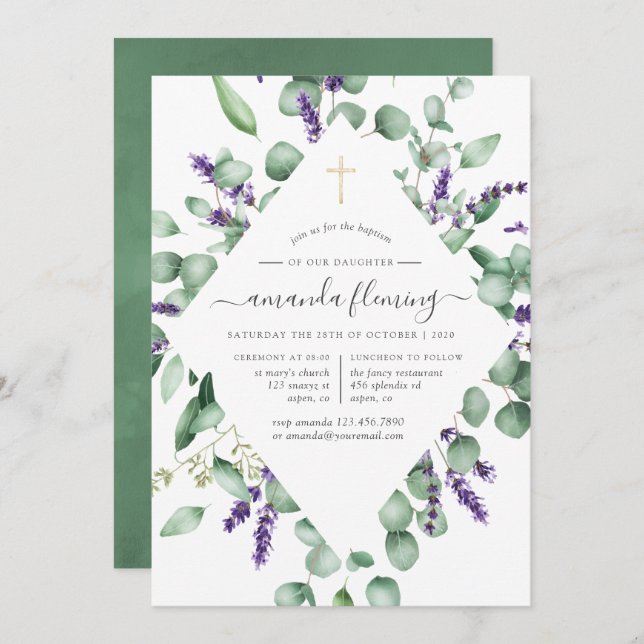 Eucalyptus Lavender Greenery Baptism/Christening Invitation (Front/Back)