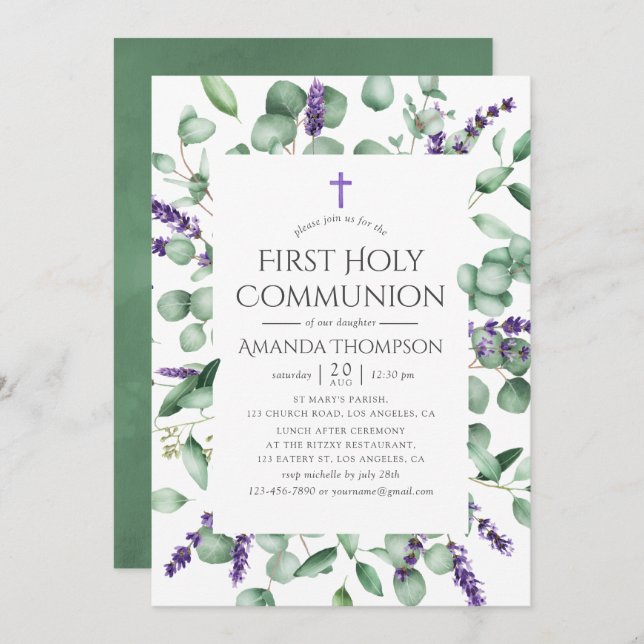 Eucalyptus Lavender Greenery First Holy Communion Invitation (Front/Back)