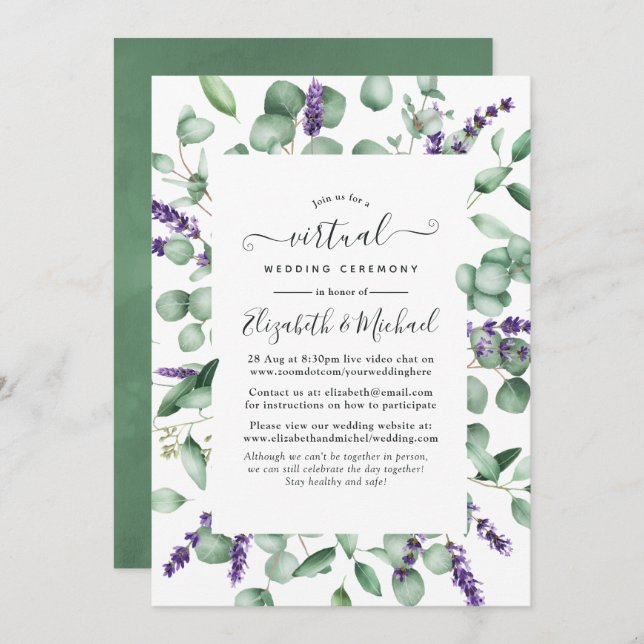 Eucalyptus Lavender Greenery Virtual Wedding Invitation (Front/Back)