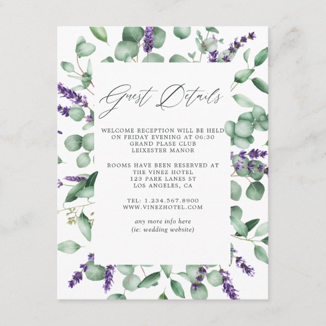 Eucalyptus Lavender Greenery Wedding Guest Details Enclosure Card (Front)