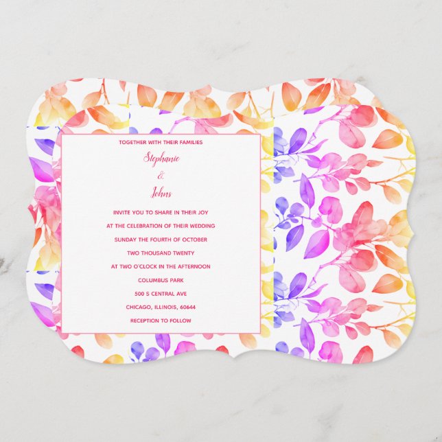 Eucalyptus Leaf Abstract Art Pink Colourful Weddin Invitation (Front/Back)