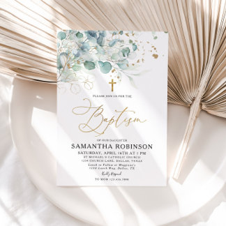 Eucalyptus Leaf and Gold Baptism Invitation