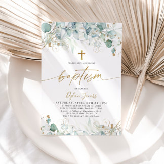 Eucalyptus Leaf and Gold Baptism Invitation