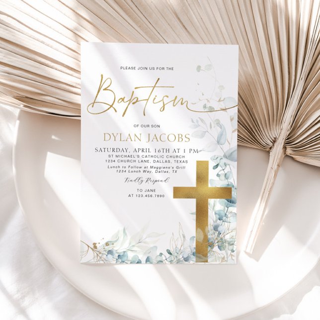 Eucalyptus Leaf and Gold Cross Baptism Invitation (Creator Uploaded)