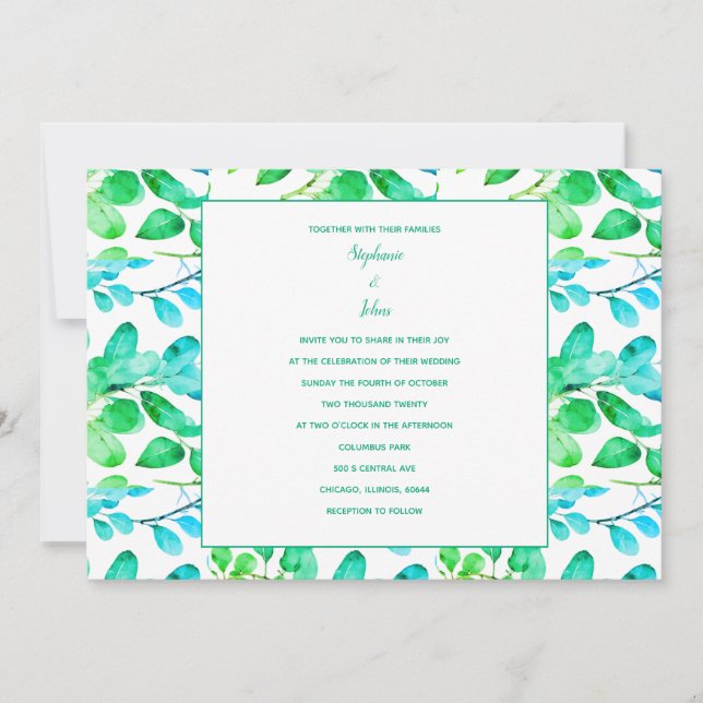 Eucalyptus Leaf Art Green Teal Dusty Blue Wedding Invitation (Front)