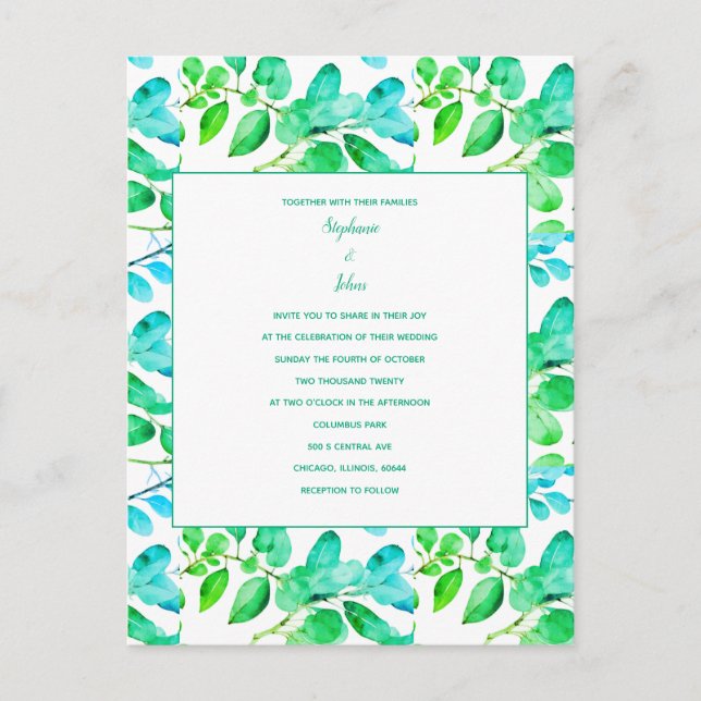 Eucalyptus Leaf Art Green Teal Dusty Blue Wedding Postcard (Front)