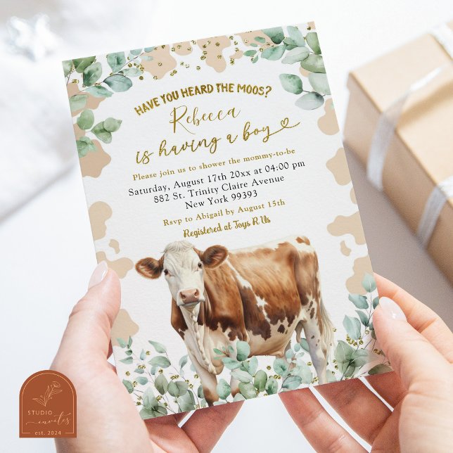 Eucalyptus Leaf Cow Farm Boy Greenery Baby Shower Invitation (Creator Uploaded)