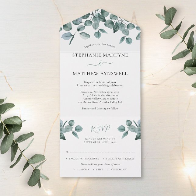 Eucalyptus Leaf Foliage Modern Wedding All In One Invitation (Creator Uploaded)