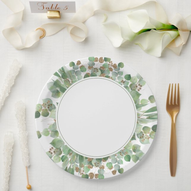  Eucalyptus Leaf Gold Glitter Greenery Wedding Paper Plate (Wedding)