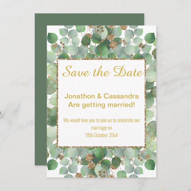 EUCALYPTUS LEAF GOLD SAGE SQUARE  SAVE THE DATE (Front/Back)