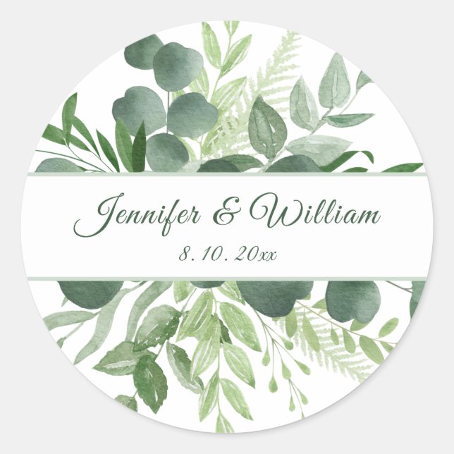 Eucalyptus Leaf Nature Greenery Script Classic Round Sticker (Front)