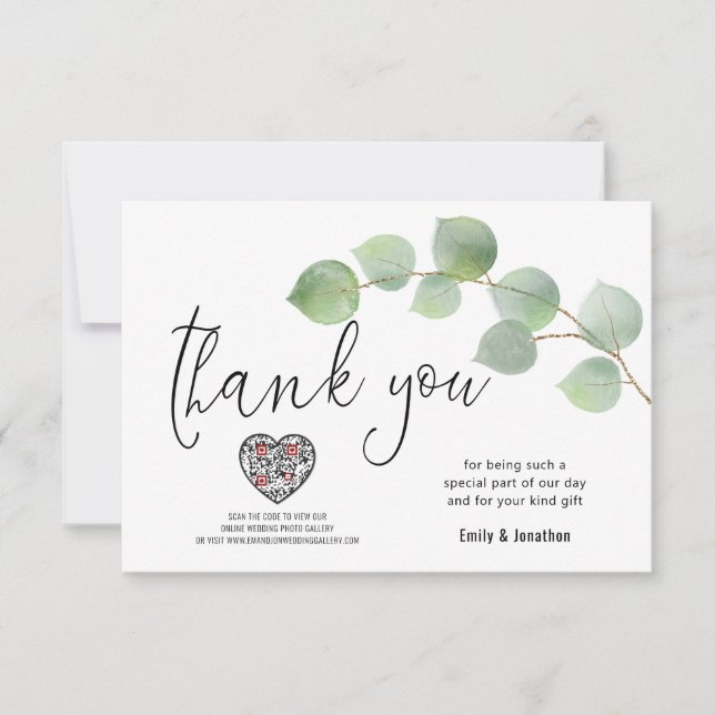 Eucalyptus Leaf Script Photo QR Code Thank You Card (Front)