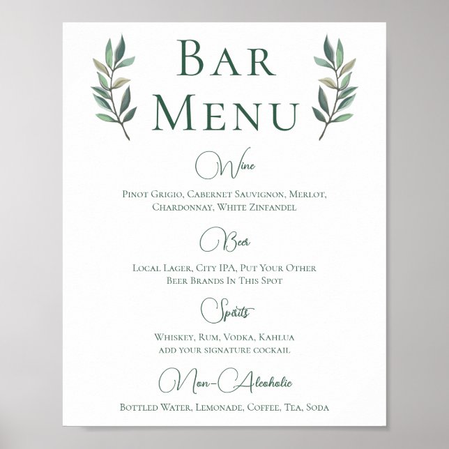 Eucalyptus Leaf Simple Botanical Wedding Bar Menu Poster (Front)