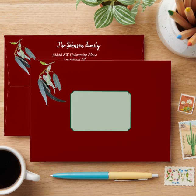 Eucalyptus Leaf Watercolor Addressed Christmas  Envelope (Desk)
