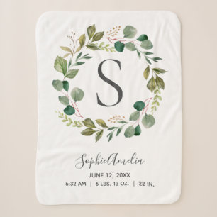 Eucalyptus Leafy Wreath Baby Monogram Birth Stats Sherpa Blanket