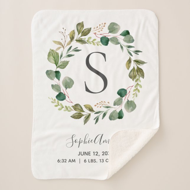 Eucalyptus Leafy Wreath Baby Monogram Birth Stats Sherpa Blanket (Front)