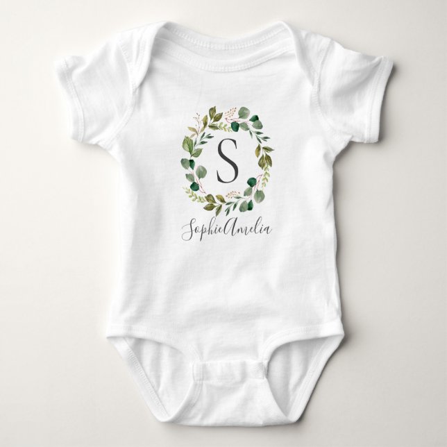 Eucalyptus Leafy Wreath Personalized Baby Name Baby Bodysuit (Front)