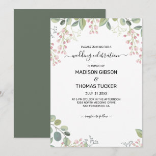 Eucalyptus Leaves And Pink Flowers Wedding Invitation
