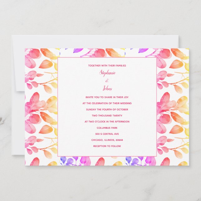 Eucalyptus Leaves Artsy Abstract Pink Boho Wedding Invitation (Front)