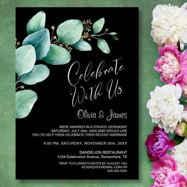 Eucalyptus Leaves Black Wedding Reception Invitation (Creator Uploaded)