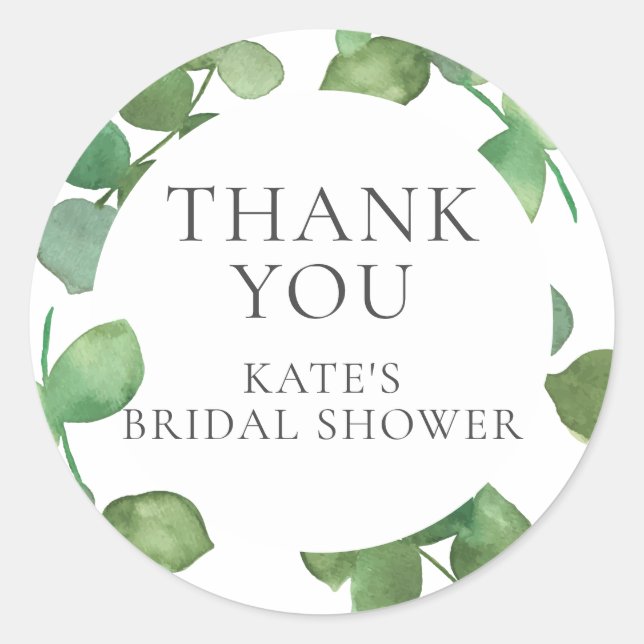 Eucalyptus Leaves Bridal Shower Thank You Classic Round Sticker (Front)